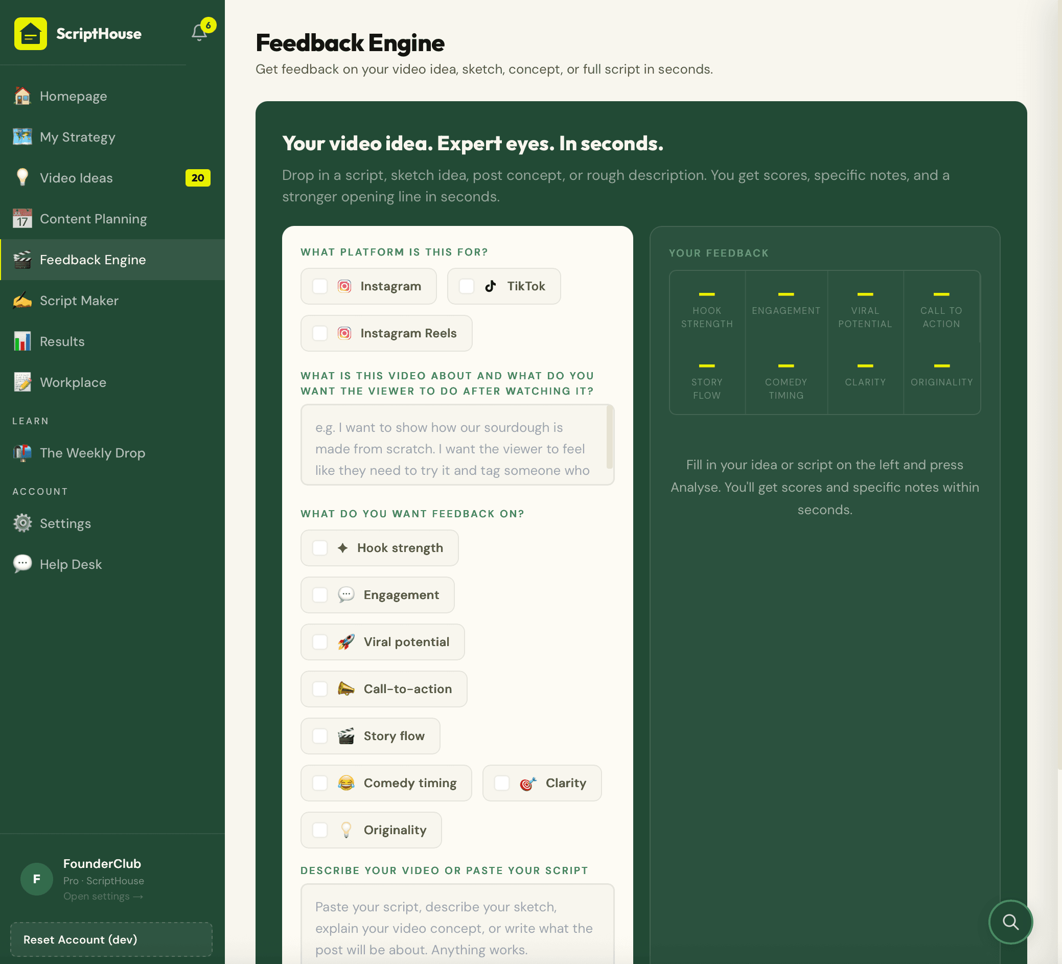 ScriptHouse feedback engine showing scores, strengths, and hook rewrite
