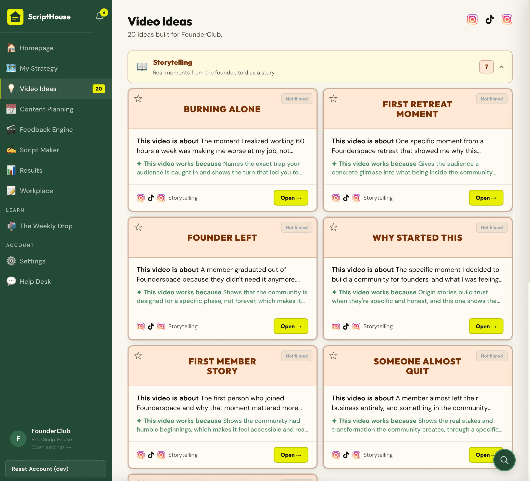 ScriptHouse video ideas grid with categorised cards
