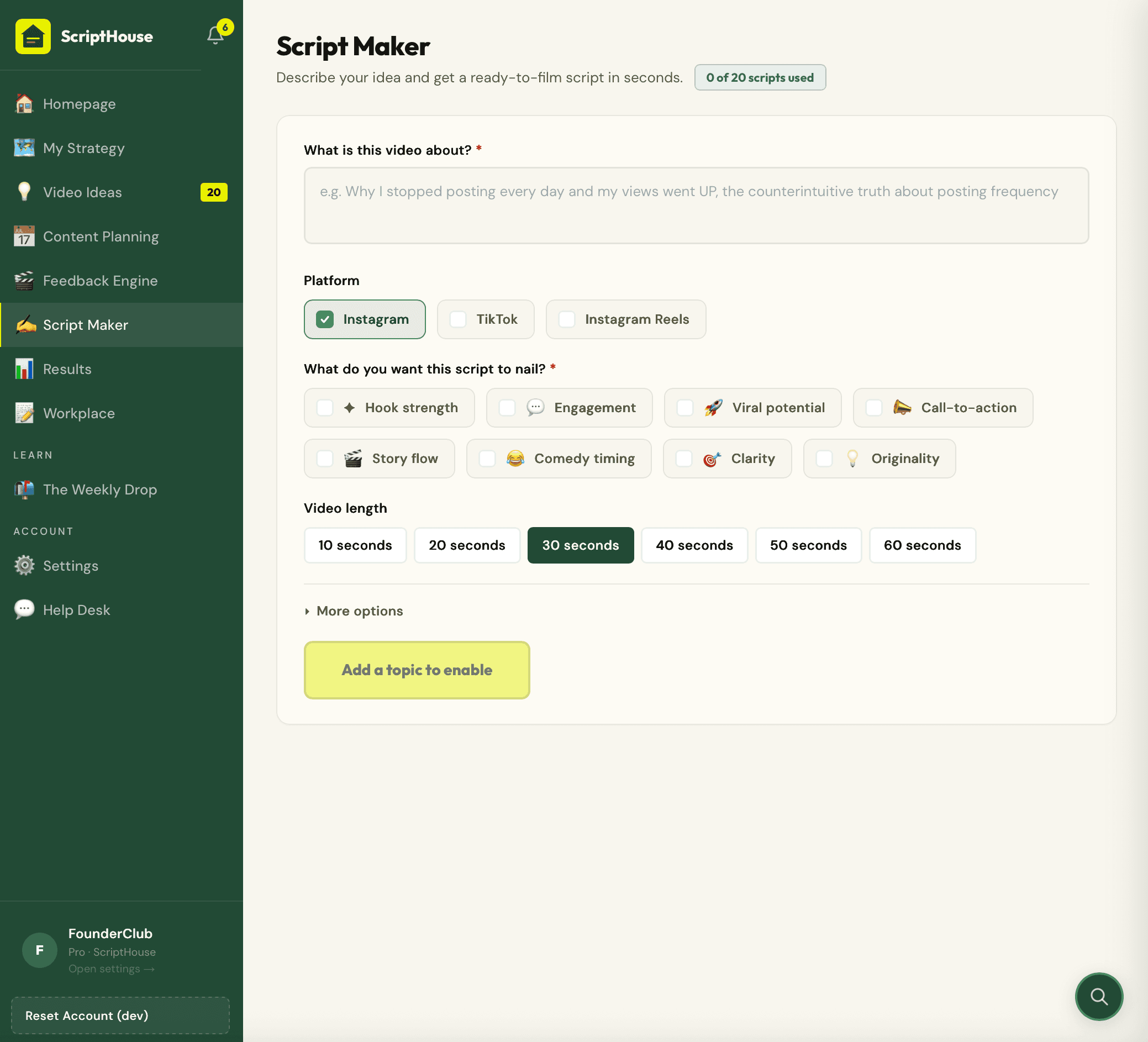 ScriptHouse script maker with hook options, full body, and filming notes